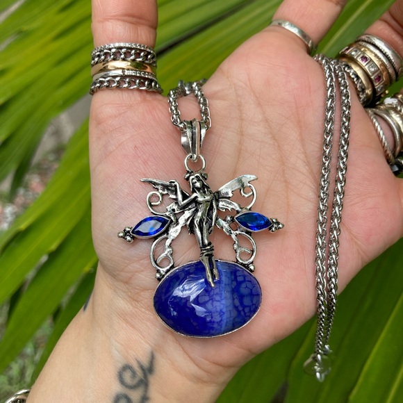925 sterling silver overlay fairy charm blue Sapphires & agate gems necklace - Picture 11 of 14